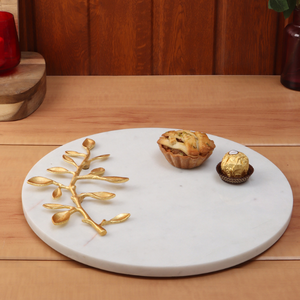 NikkisPride Marble Platter Round With Gold Foil Work  Plain White Metal Art Piece   Embedded 